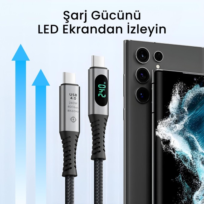 Bix USB4 Thunderbolt 4/3 Uyumlu PD 240W 40Gbps 8K 60Hz Ultra HD Dijital Ekran Göstergeli Şarj, Data ve Görüntü Kablosu 1 Metre