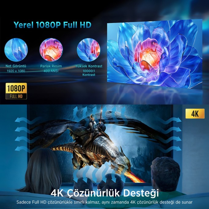 Bix Vega III Android Projeksiyon Cihazı Full HD 1920x1080 4K Desteği 400 ANSI Lümen Wifi Bluetooth Akıllı Projektör