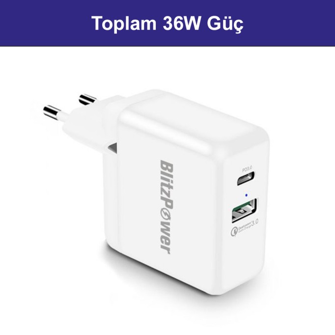 BlitzPower Qualcomm QC 3.0 USB Type-C 36W Hızlı Şarj Adaptörü BlitzPower Qualcomm QC 3.0 USB Type-C 36W Hızlı Şarj Adaptörü