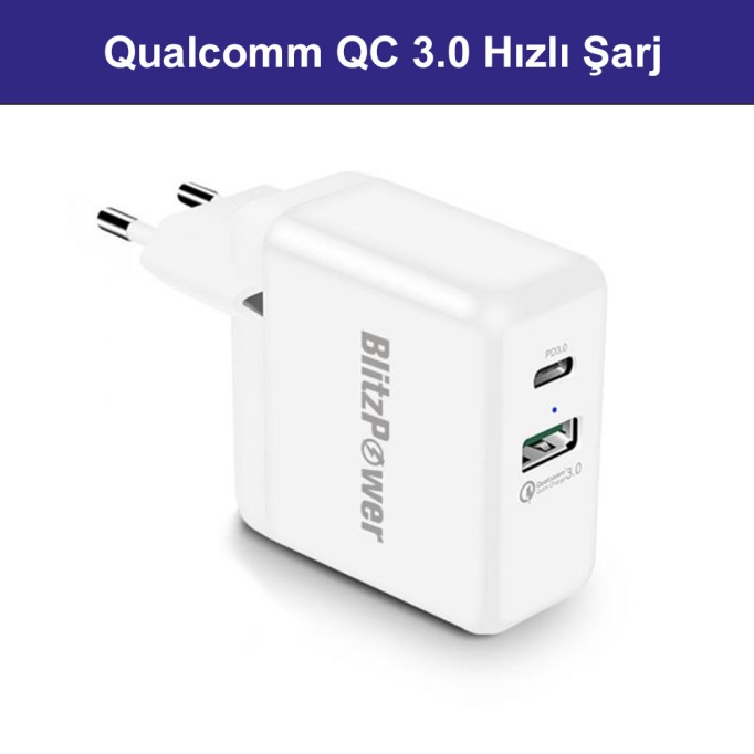 BlitzPower Qualcomm QC 3.0 USB Type-C 36W Hızlı Şarj Adaptörü BlitzPower Qualcomm QC 3.0 USB Type-C 36W Hızlı Şarj Adaptörü