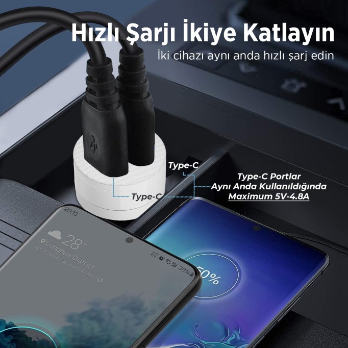 BXCC65C 65W Çift Portlu Type-C Araç Şarj Aleti iPhone & Android & Notebook Mini Araç içi Şarj Cihazı Beyaz