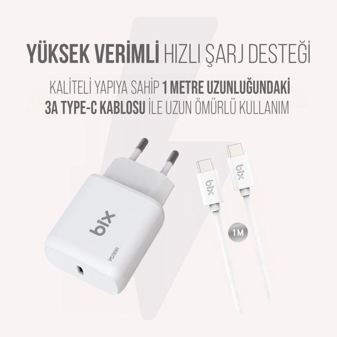 BXUC30TA 30W Type-C PD 3.0 Hızlı Şarj Adaptörü ve 1 Metre 3A Type-C Şarj Kablosu Beyaz