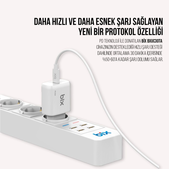BXUC30TA 30W Type-C PD 3.0 Hızlı Şarj Adaptörü ve 1 Metre 3A Type-C Şarj Kablosu Beyaz