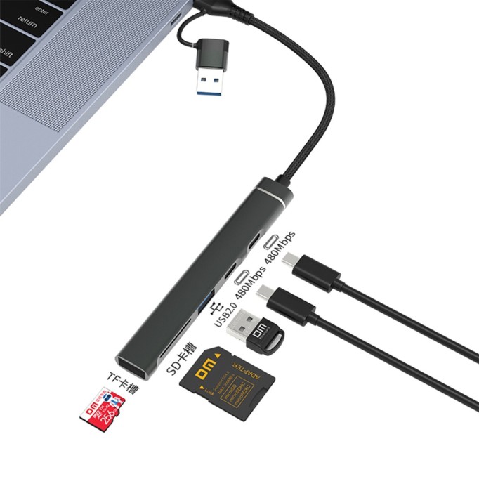 DM CHB025 USB-A ve Type-C Girişli 2*Type-C 1*USB-A SD Micro SD TF Kart Okuyucu Çoklayıcı Dönüştürücü