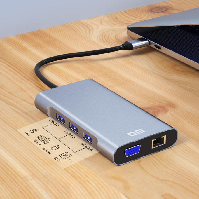 DM CHB055 Type-C to HDMI VGA RJ45 Ethernet 3*USB 3.0 Aux PD TF SD Kart Okuyucu Dönüştürücü