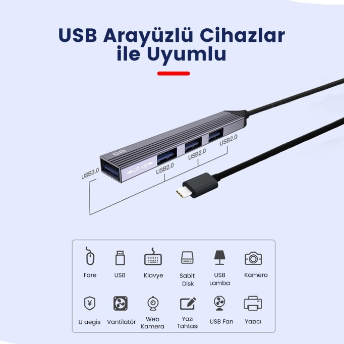 DM CHB057 USB Type-C to 4 Portlu 3*USB 2.0 1*USB 3.0 Hub Çoklayıcı 1 Metre