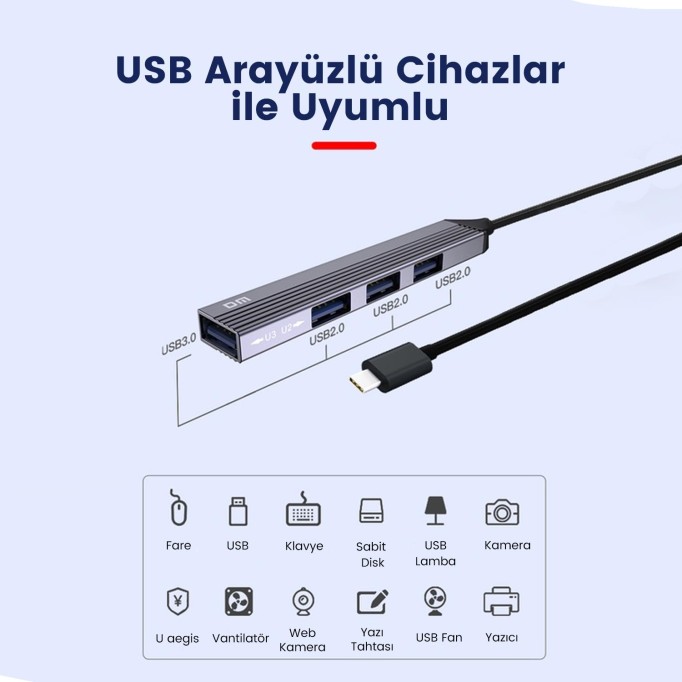 DM CHB057 USB Type-C to 4 Portlu 3*USB 2.0 1*USB 3.0 Hub Çoklayıcı 15 CM