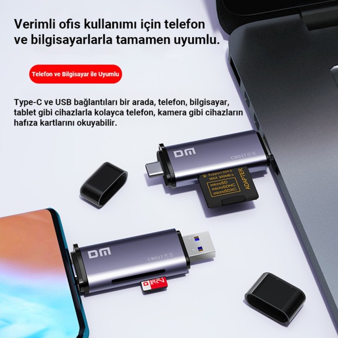 DM CR017 USB-A ve Type-C SD / Micro SD / TF Kart Okuyucu Dönüştürücü