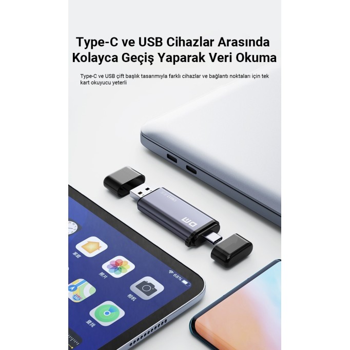 DM CR017 USB-A ve Type-C SD / Micro SD / TF Kart Okuyucu Dönüştürücü