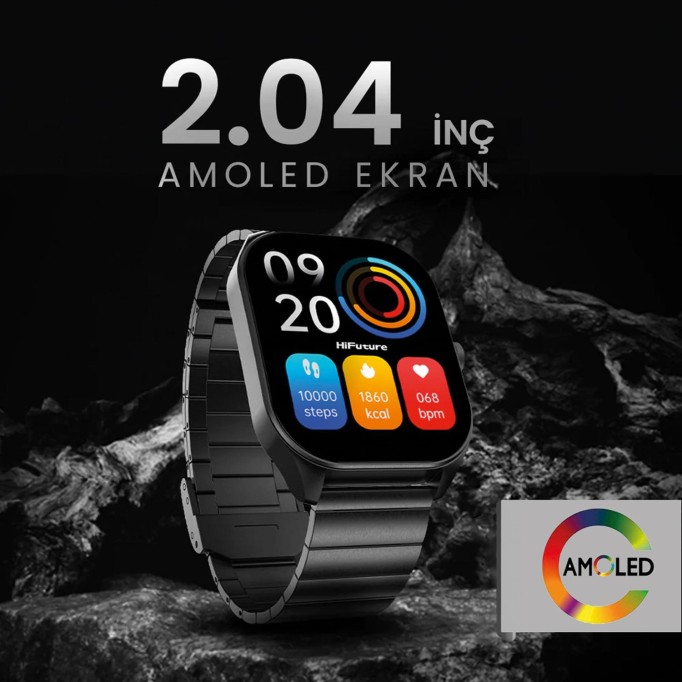 HiFuture APEX Akıllı Saat 2.04 İnç AMOLED Ekran Bluetooth 5.3 Arama Özellikli Spor Takipli Siyah