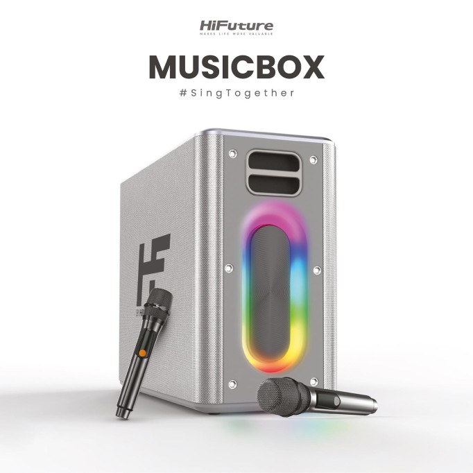 HiFuture MusicBox 2 Mikrofonlu TWS Karaoke Kablosuz 100W Hoparlör RGB Aydınlatmalı Gümüş