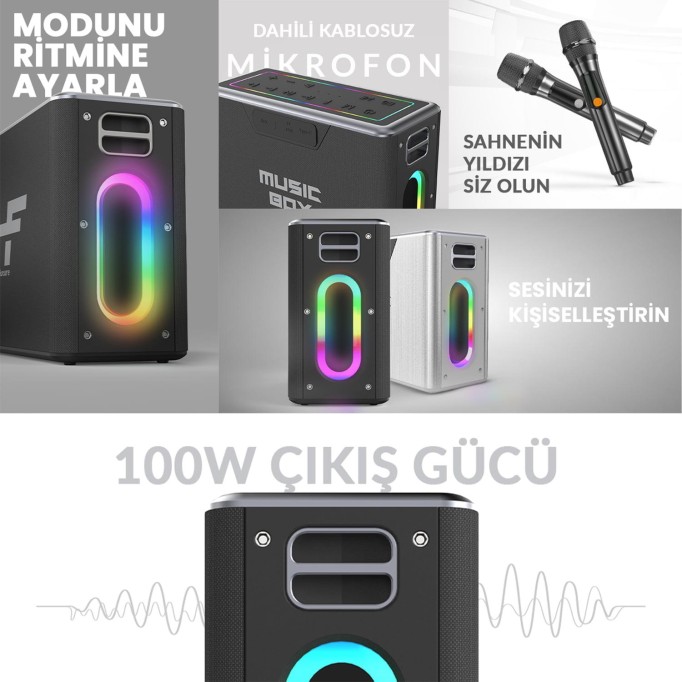 HiFuture MusicBox 2 Mikrofonlu TWS Karaoke Kablosuz 100W Hoparlör RGB Aydınlatmalı Siyah