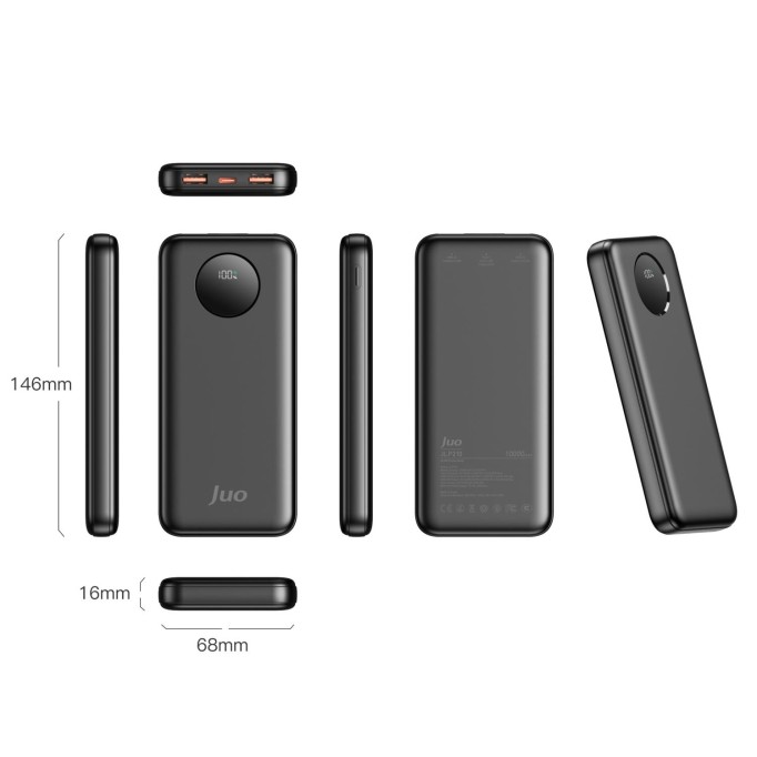 Juo 10000 mAh 22.5W Dijital Led Ekranlı Taşınabilir Hızlı Şarj Cihazı Powerbank Siyah