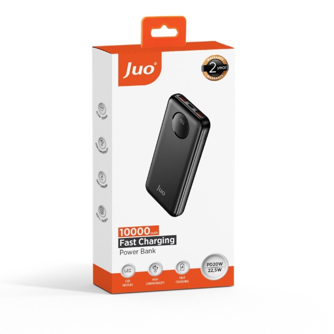 Juo 10000 mAh 22.5W Dijital Led Ekranlı Taşınabilir Hızlı Şarj Cihazı Powerbank Siyah