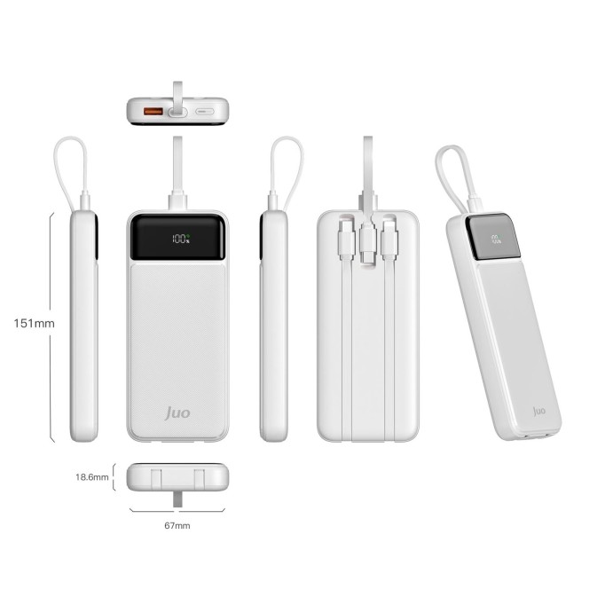 Juo 10000 mAh 22.5W Led Ekranlı Lightning ve Type-C Kablolu Powerbank Taşınabilir Hızlı Şarj Cihazı Beyaz