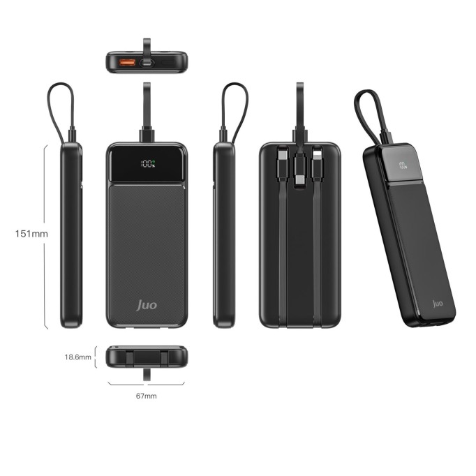 Juo 10000 mAh 22.5W Led Ekranlı Lightning ve Type-C Kablolu Powerbank Taşınabilir Hızlı Şarj Cihazı Siyah
