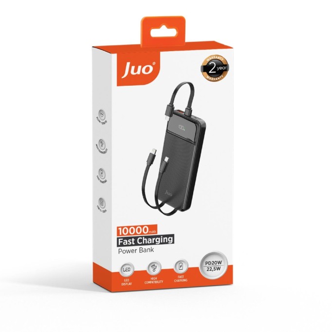 Juo 10000 mAh 22.5W Led Ekranlı Lightning ve Type-C Kablolu Powerbank Taşınabilir Hızlı Şarj Cihazı Siyah
