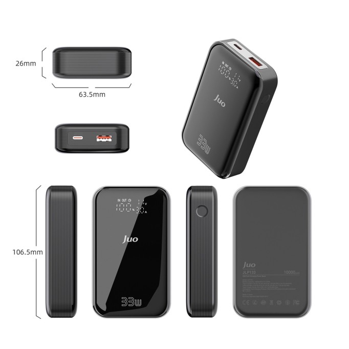 Juo 10000 mAh 33W LED Watt Amper Göstergeli USB-A + Type-C Powerbank Taşınabilir Hızlı Şarj Cihazı