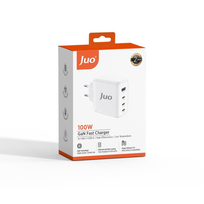 Juo 100W 4 Portlu USB-C + USB-A GaN Şarj Aleti iPhone & Macbook & Notebook Uyumlu PD Type-C Hızlı Şarj Cihazı Beyaz