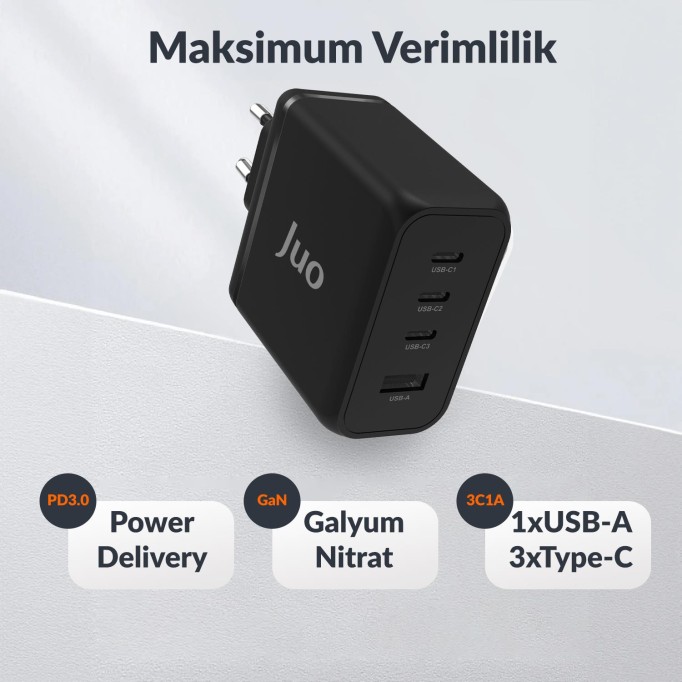 Juo 100W 4 Portlu USB-C + USB-A GaN Şarj Aleti iPhone & Macbook & Notebook Uyumlu PD Type-C Hızlı Şarj Cihazı Siyah