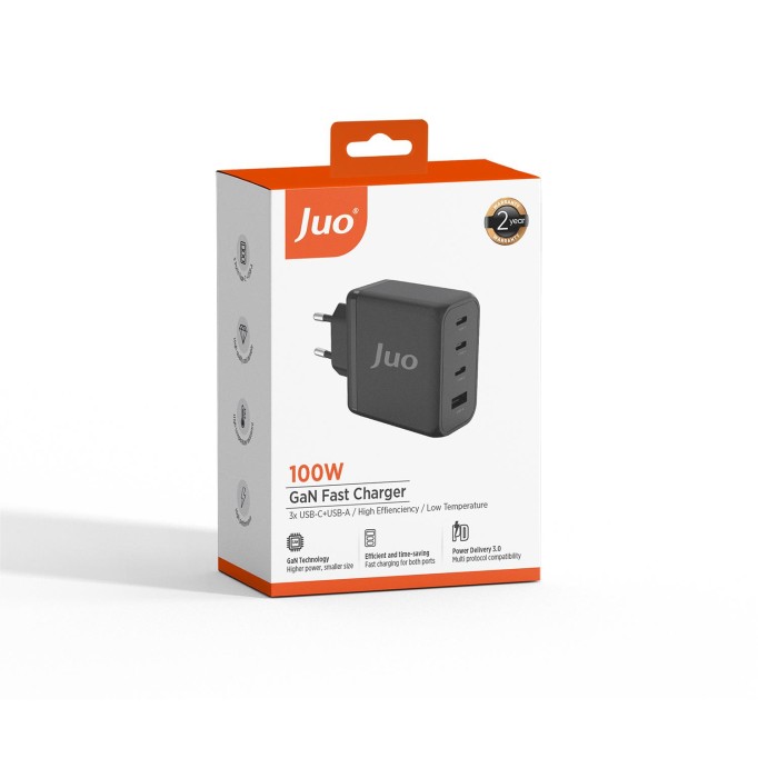 Juo 100W 4 Portlu USB-C + USB-A GaN Şarj Aleti iPhone & Macbook & Notebook Uyumlu PD Type-C Hızlı Şarj Cihazı Siyah