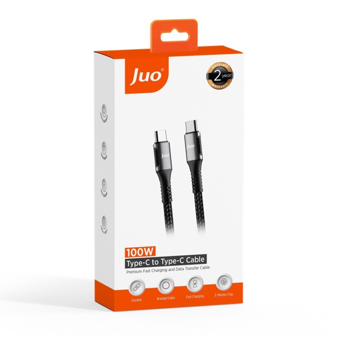 Juo 100W 5A E-Mark Çipli PD Type-C to Type-C Örgülü Hızlı Şarj ve Data Kablosu 1 Metre