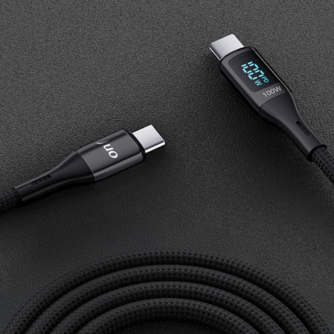 Juo 100W 5A QC4.0 Dijital Led Ekranlı E-Mark Çipli USB PD Type-C Hızlı Şarj ve Data Kablosu 1 Metre