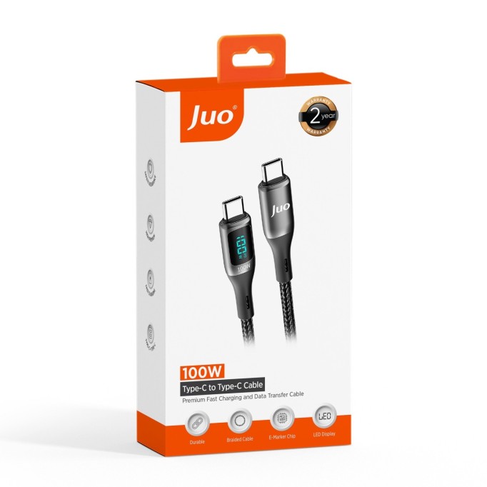 Juo 100W 5A QC4.0 Dijital Led Ekranlı E-Mark Çipli USB PD Type-C Hızlı Şarj ve Data Kablosu 1 Metre