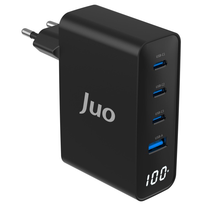 Juo 100W GaN Led Ekranlı 3 Type-C + USB-A Hızlı Şarj Cihazı iPhone & Macbook & Notebook Şarj Aleti