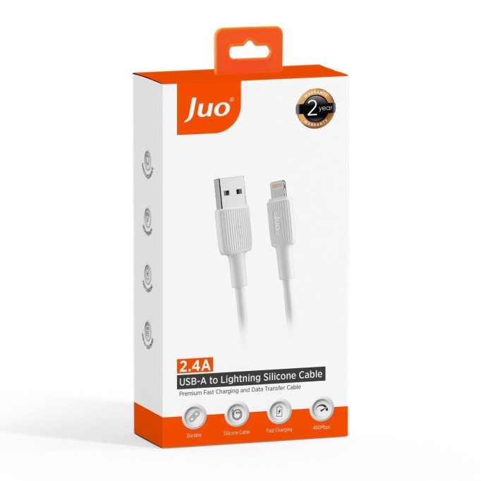 Juo 12W 2.4A USB-A to Lightning iPhone iPad Silikon Hızlı Şarj ve Data Kablosu Beyaz 1 Metre