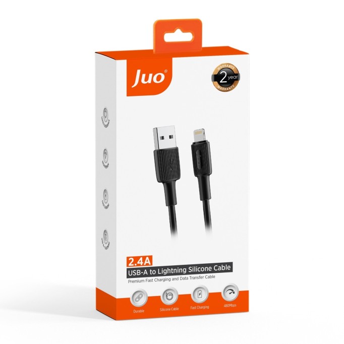Juo 12W 2.4A USB-A to Lightning iPhone iPad Silikon Hızlı Şarj ve Data Kablosu Siyah 2 Metre