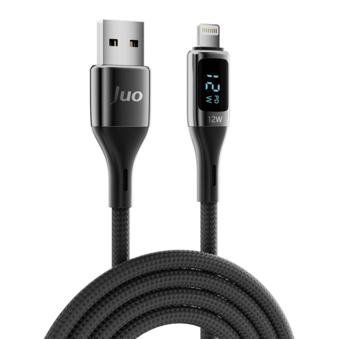 Juo 12W Dijital Led Ekranlı USB-A to Lightning iPhone iPad Örgülü Hızlı Şarj ve Data Kablosu 1 Metre