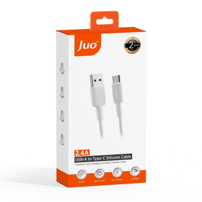 Juo 12W USB-A to Type-C Silikon Hızlı Şarj ve Data Kablosu Beyaz 1 Metre