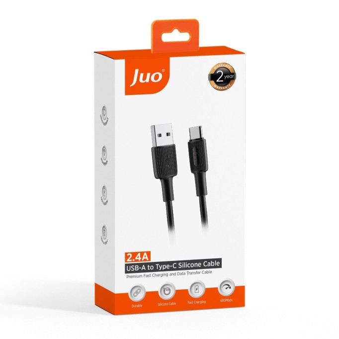 Juo 12W USB-A to Type-C Silikon Hızlı Şarj ve Data Kablosu Siyah 2 Metre