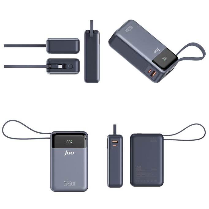 Juo 20000 mAh 65W LED Ekranlı USB-A + Type-C Kablolu Taşınabilir Hızlı Şarj Cihazı Powerbank