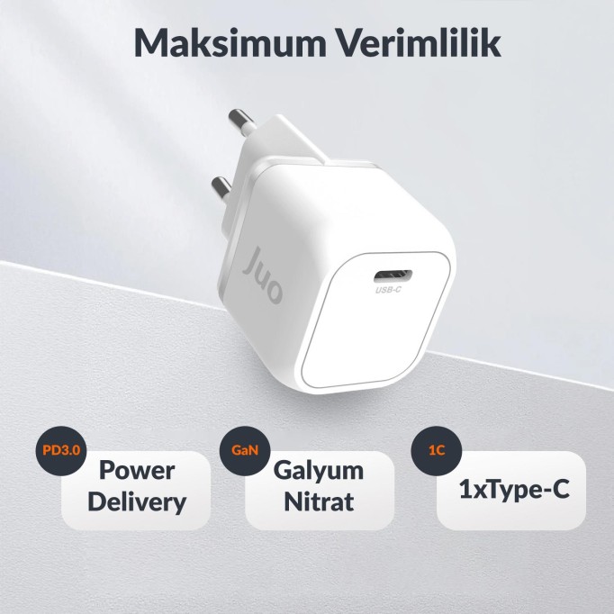 Juo 20W GaN USB-C Şarj Aleti iPhone & iPad & Android Uyumlu PD QC4.0 Type-C Hızlı Şarj Cihazı Beyaz
