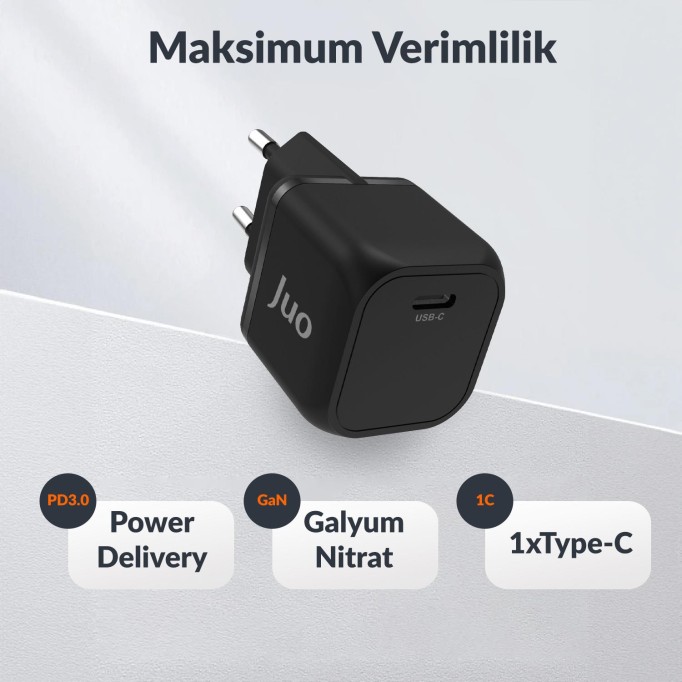 Juo 20W GaN USB-C Şarj Aleti iPhone & iPad & Android Uyumlu PD QC4.0 Type-C Hızlı Şarj Cihazı Siyah