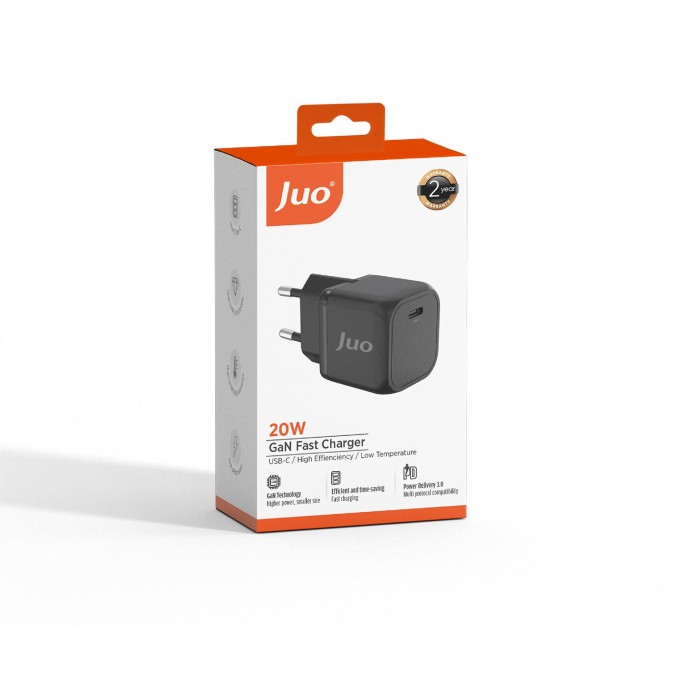 Juo 20W GaN USB-C Şarj Aleti iPhone & iPad & Android Uyumlu PD QC4.0 Type-C Hızlı Şarj Cihazı Siyah