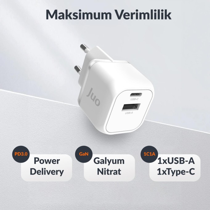 Juo 20W GaN USB-C + USB-A Şarj Aleti iPhone & iPad & Android Uyumlu PD QC4.0 Type-C Hızlı Şarj Cihazı Beyaz