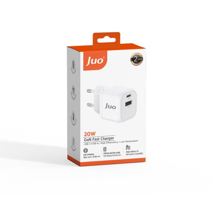 Juo 20W GaN USB-C + USB-A Şarj Aleti iPhone & iPad & Android Uyumlu PD QC4.0 Type-C Hızlı Şarj Cihazı Beyaz