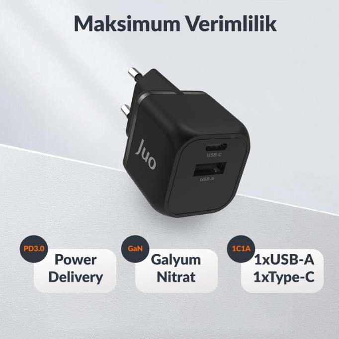 Juo 20W GaN USB-C + USB-A Şarj Aleti iPhone & iPad & Android Uyumlu PD QC4.0 Type-C Hızlı Şarj Cihazı Siyah