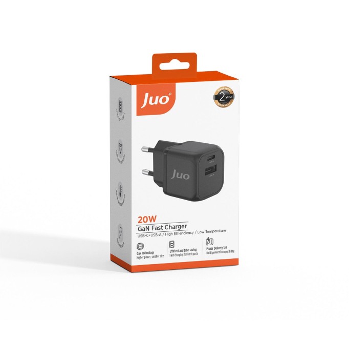 Juo 20W GaN USB-C + USB-A Şarj Aleti iPhone & iPad & Android Uyumlu PD QC4.0 Type-C Hızlı Şarj Cihazı Siyah