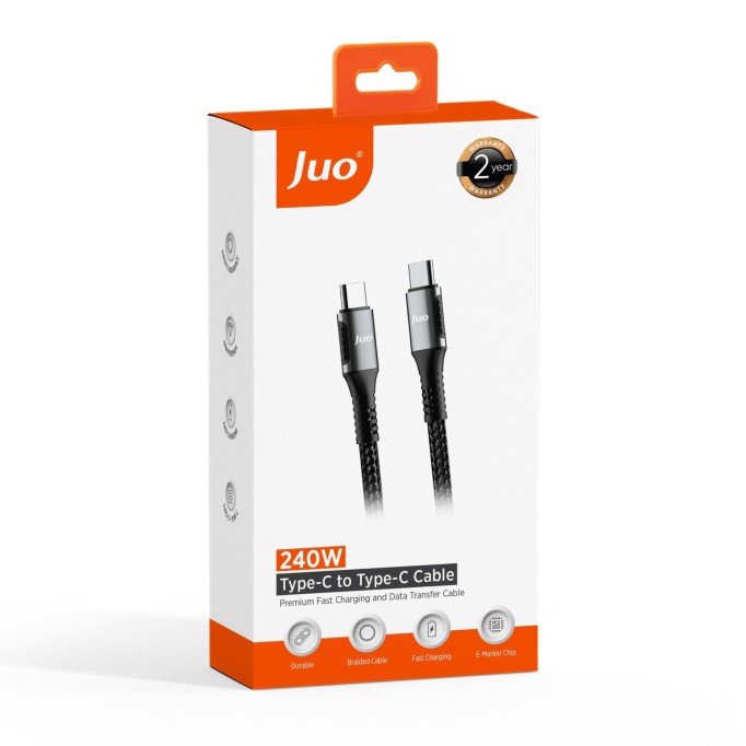 Juo 240W 5A E-Mark Çipli Örgülü USB PD Type-C to Type-C Hızlı Şarj ve Data Kablosu 1 Metre