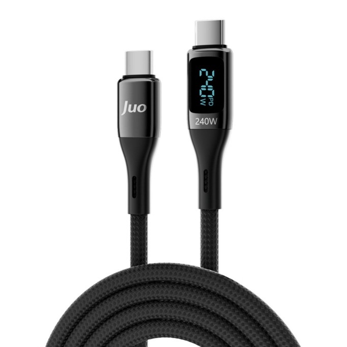 Juo 240W Dijital Led Ekranlı E-Mark Çipli PD 3.1 USB Type-C to Type-C Hızlı Şarj ve Data Kablosu 1 Metre