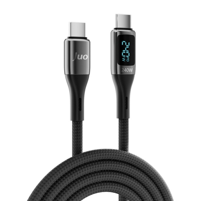 Juo 240W Dijital Led Ekranlı E-Mark Çipli PD 3.1 USB Type-C to Type-C Hızlı Şarj ve Data Kablosu 1 Metre
