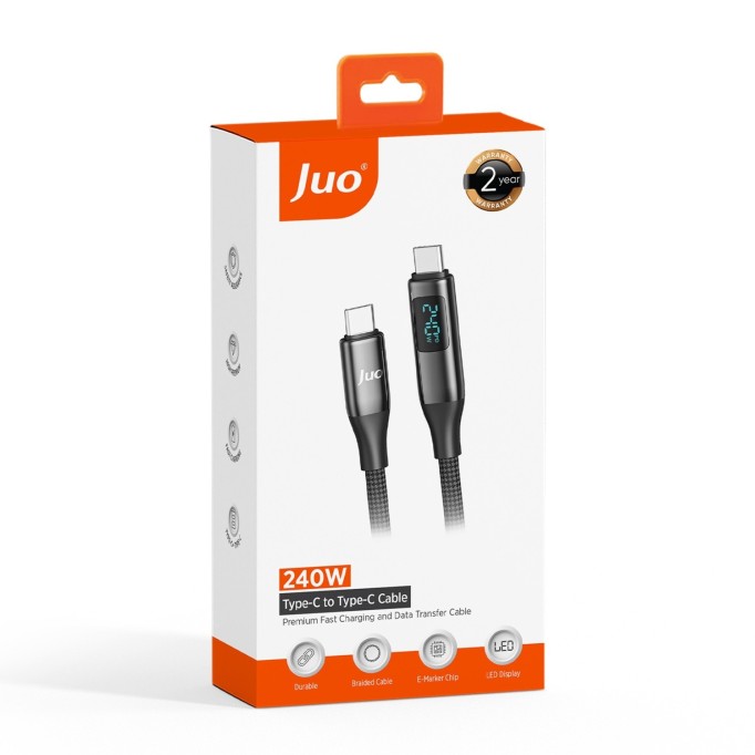 Juo 240W Dijital Led Ekranlı E-Mark Çipli PD 3.1 USB Type-C to Type-C Hızlı Şarj ve Data Kablosu 1 Metre