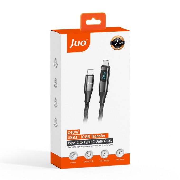Juo 240W USB 3.1 Gen2 10Gbps E-Mark Çipli Led Display 4K 60Hz Görüntü ve Type-C Hızlı Şarj Kablosu 1.25 Metre
