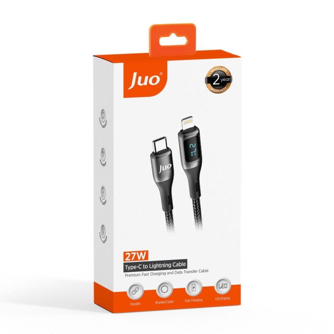 Juo 27W Dijital Led Ekranlı USB Type-C to Lightning iPhone iPad Hızlı Şarj ve Data Kablosu 2 Metre