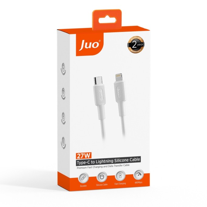 Juo 27W USB Type-C to Lightning iPhone iPad Silikon Hızlı Şarj ve Data Kablosu Beyaz 2 Metre
