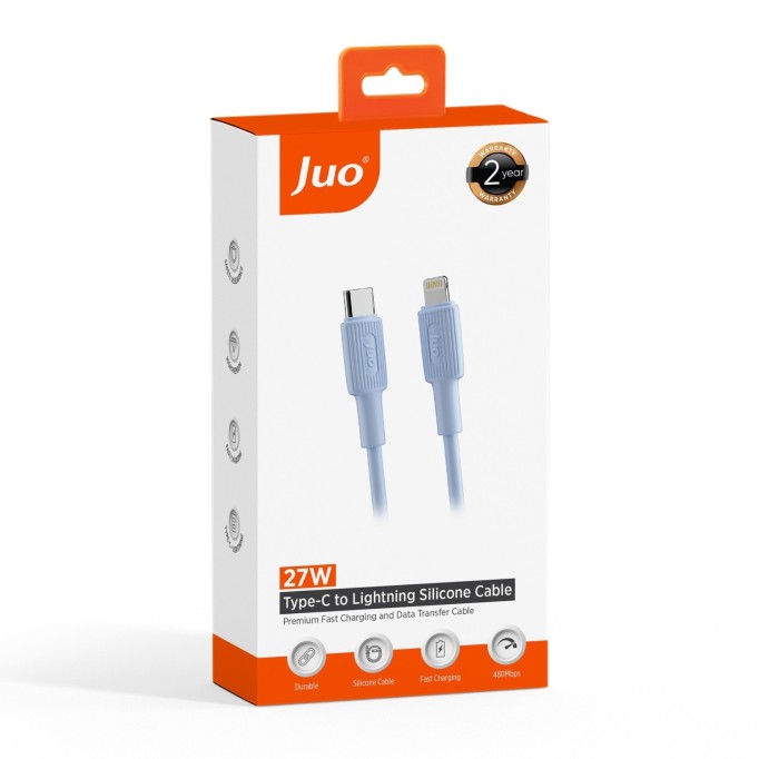 Juo 27W USB Type-C to Lightning iPhone iPad Silikon Hızlı Şarj ve Data Kablosu Mavi 1 Metre